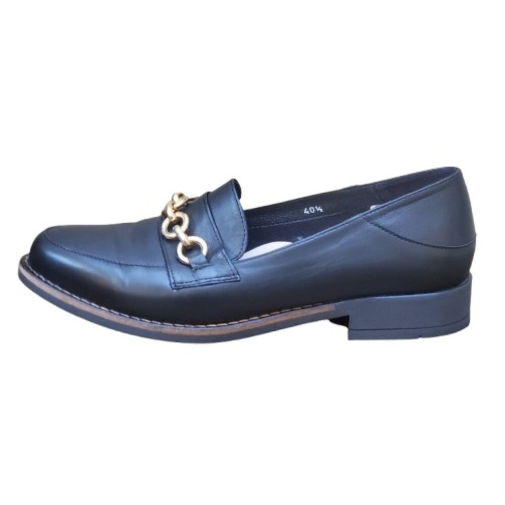 Black Loafers with Gold Chain Detail and Low Heel